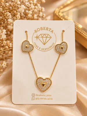 Conjunto semijóias coracao cravejado