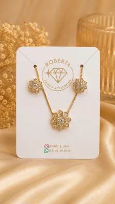 Conjunto semijóias flor cravejada