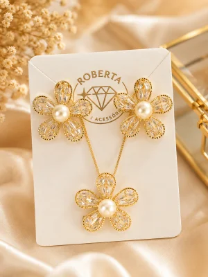 Conjunto semijóias flor pérola