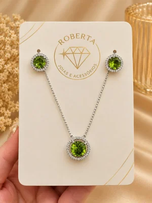 Conjunto semijóias verde rodium